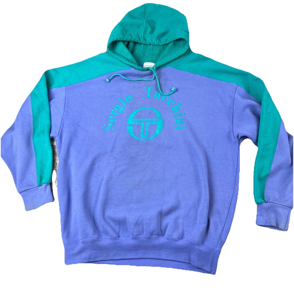 Sergio Tacchini Mens Hoodie Large Italy Sweatshirt Pullover Purple Green